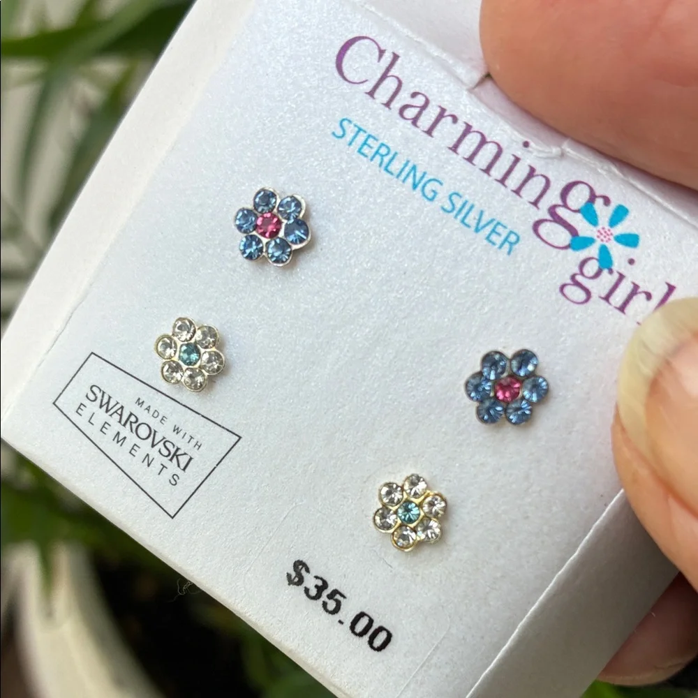 BOGO FREE- 2 Pairs Of Sterling Silver Flower Post Earrings w/ Swarovski Crystals